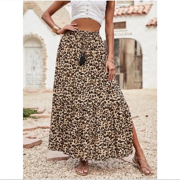 Bohemian Leopard Print Tassel Maxi Skirt S M L XL